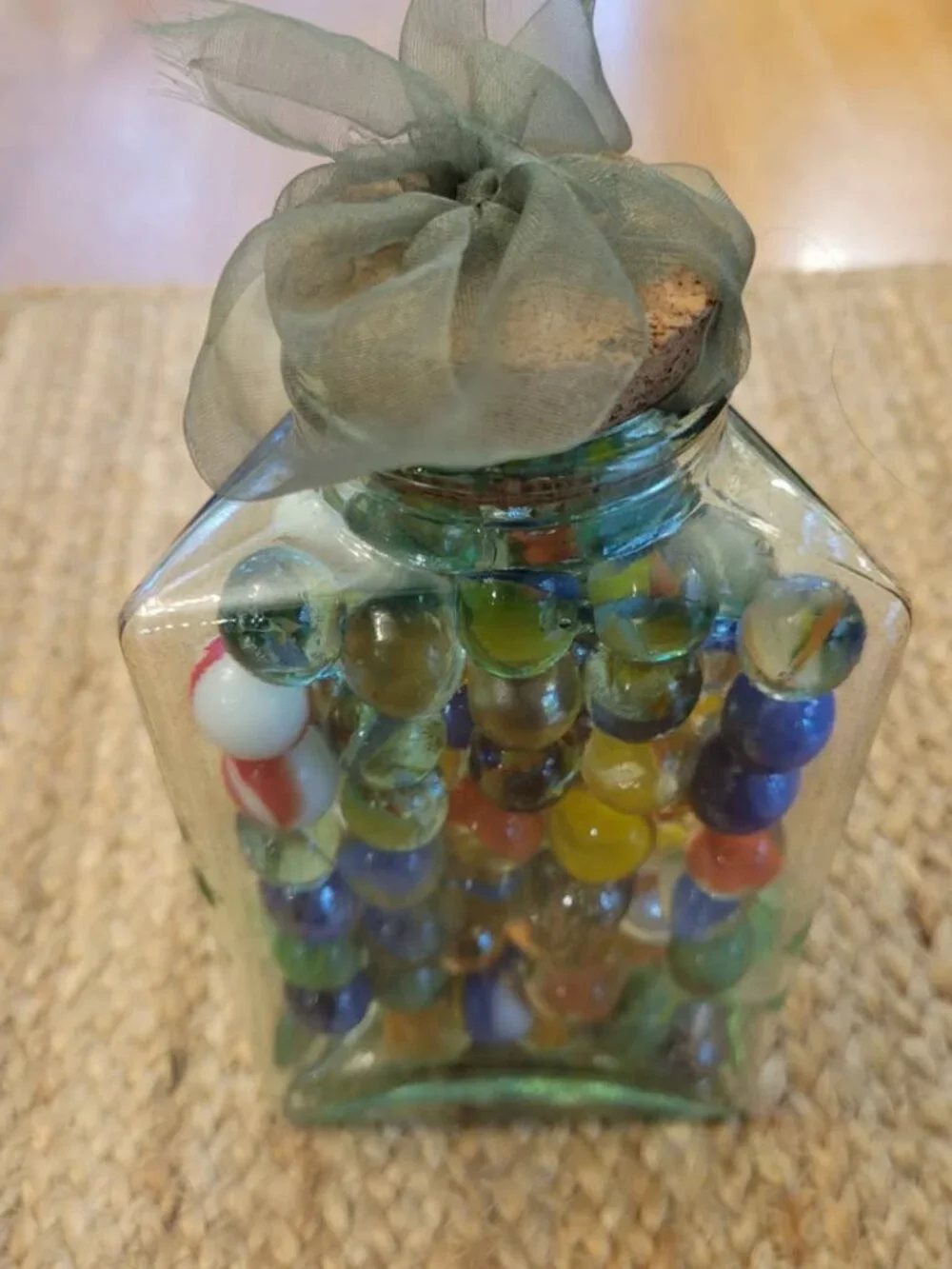 Vintage Glass Jar Is Filled With An Assortment Of VTG Marbles